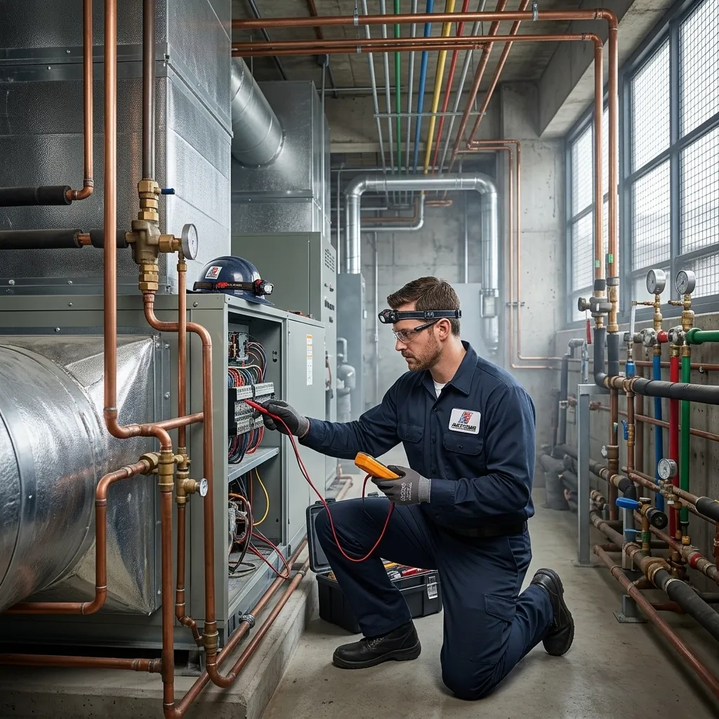 AV Action Air technician reviewing building automation tablet in commercial mechanical room in Palmdale CA