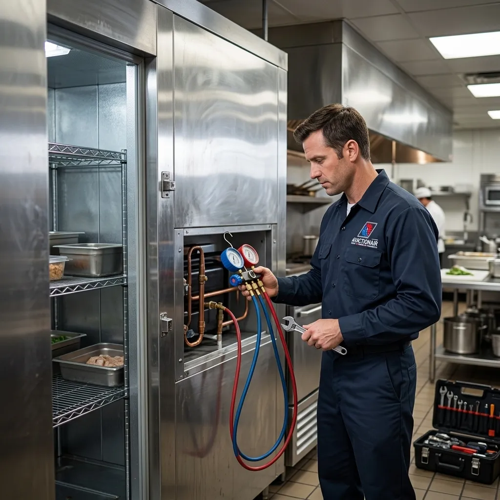AV Action Air technician diagnosing commercial refrigeration unit with gauges in a restaurant kitchen in Palmdale CA