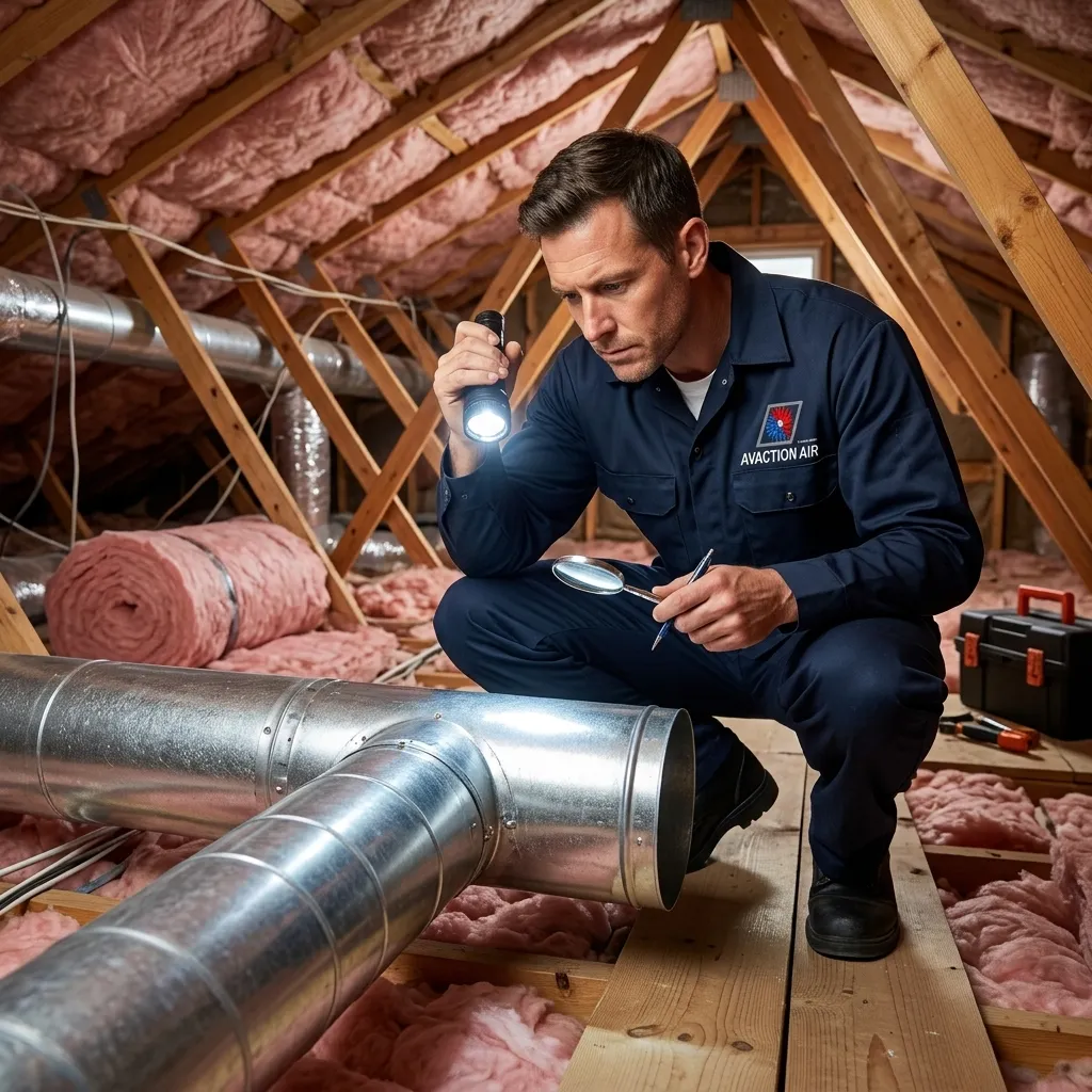 AV Action Air technician inspecting sheet metal ductwork with flashlight in residential attic in Palmdale CA