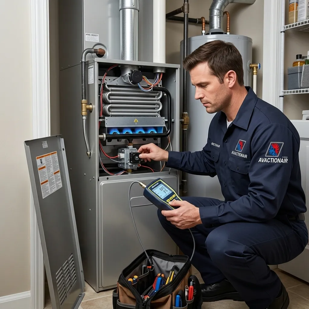AV Action Air technician testing gas furnace igniter with multimeter showing blue burner flames in Palmdale home
