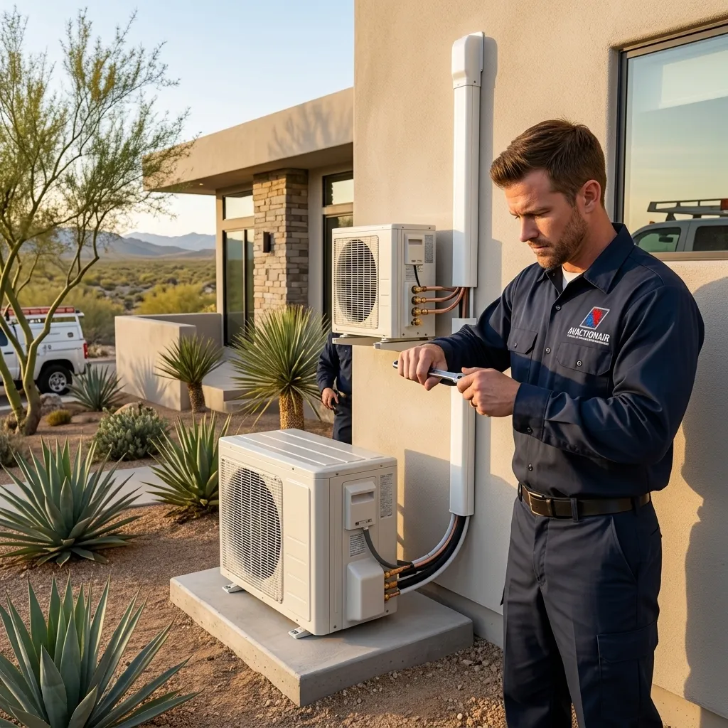 AV Action Air technician installing ductless mini split heat pump outdoor unit at Antelope Valley home