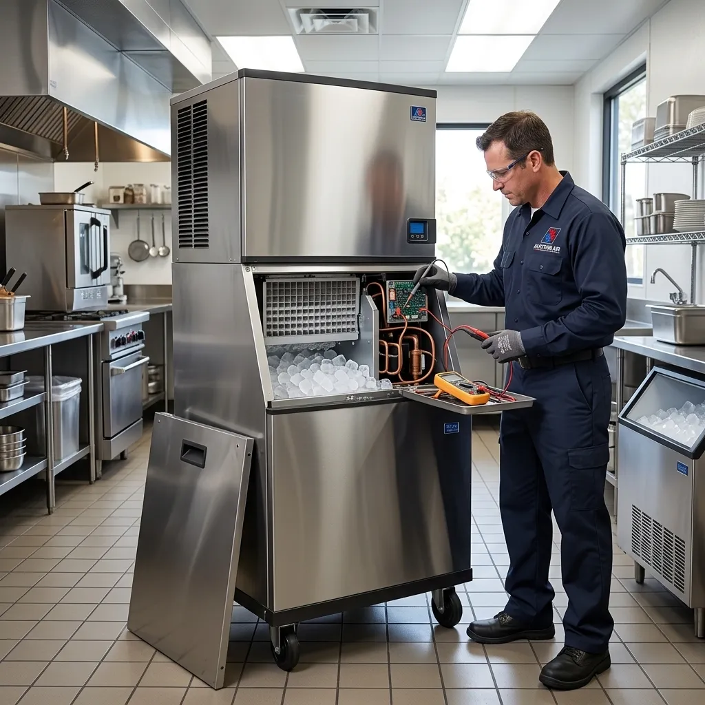 AV Action Air technician cleaning and servicing a Manitowoc commercial ice machine in a restaurant bar