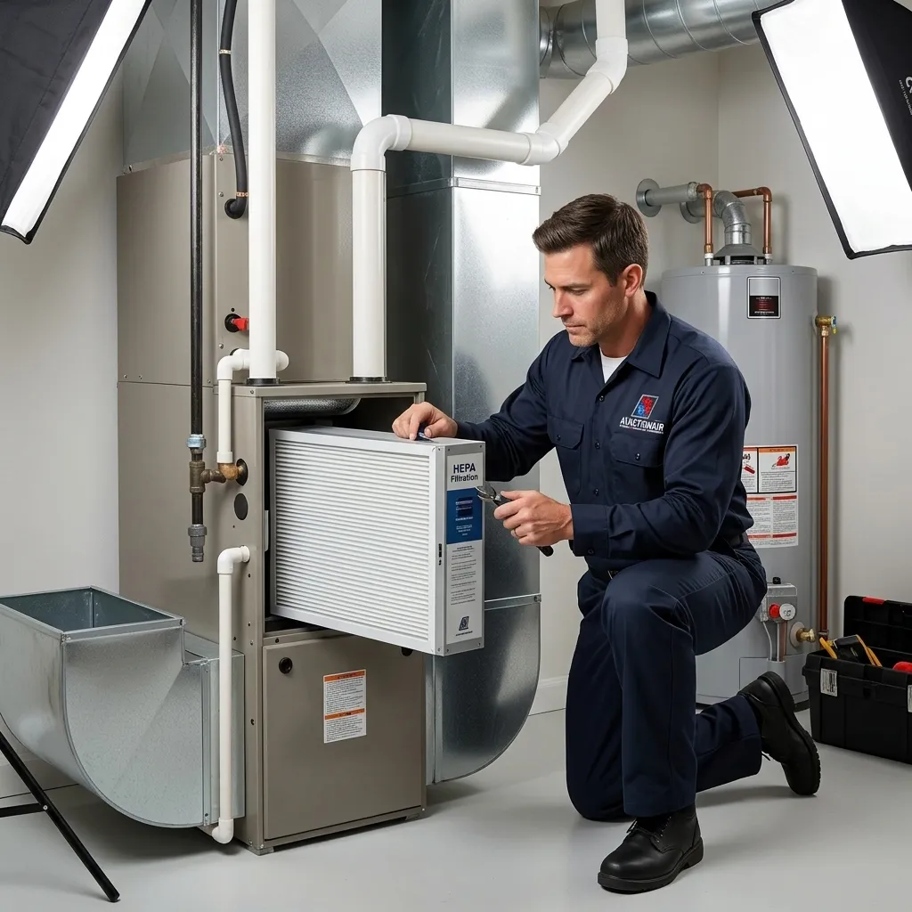AV Action Air technician installing whole-home air purification HEPA filter system in residential utility room