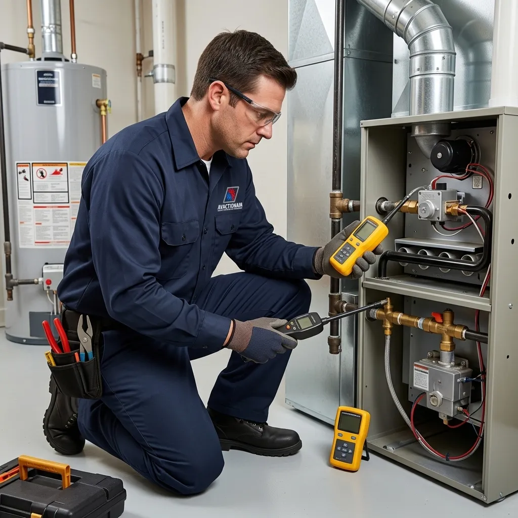 AV Action Air technician using carbon monoxide detector to inspect gas furnace flue pipe during safety inspection