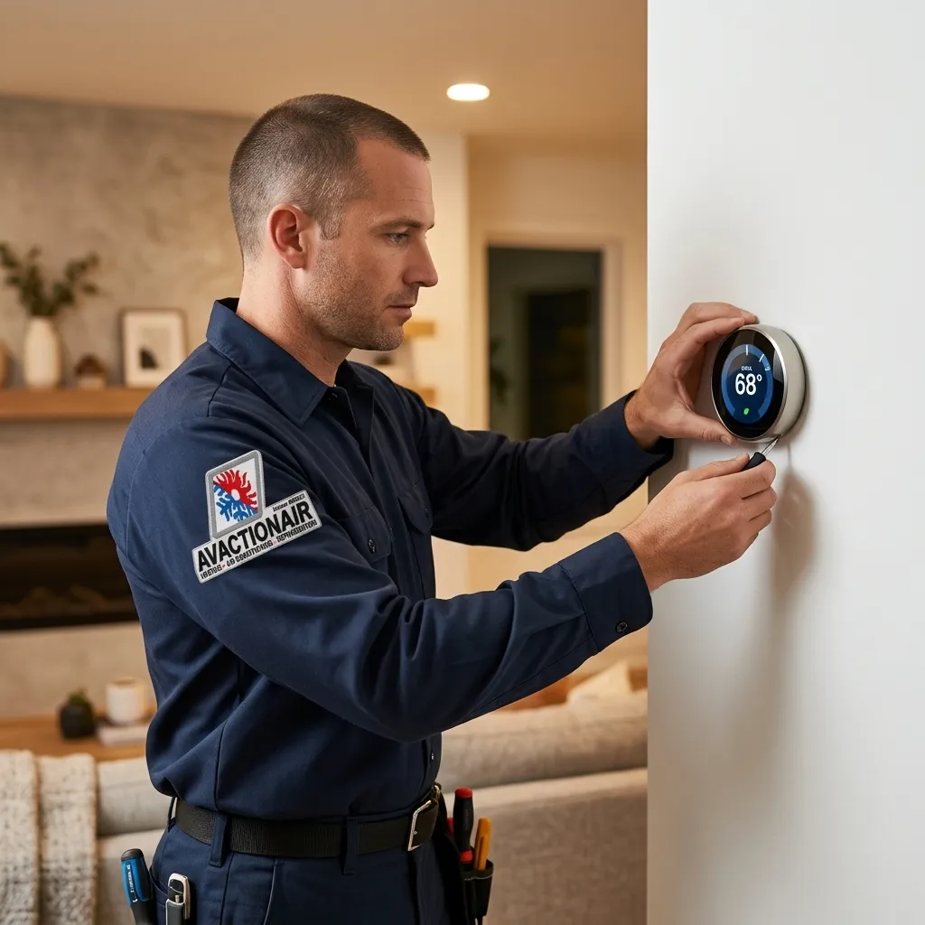 AV Action Air technician installing smart thermostat on wall in modern Antelope Valley home