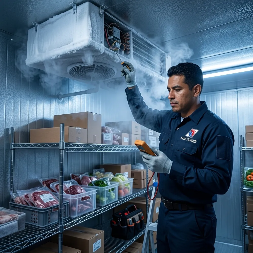 AV Action Air technician servicing walk-in cooler compressor and evaporator coils in Lancaster CA